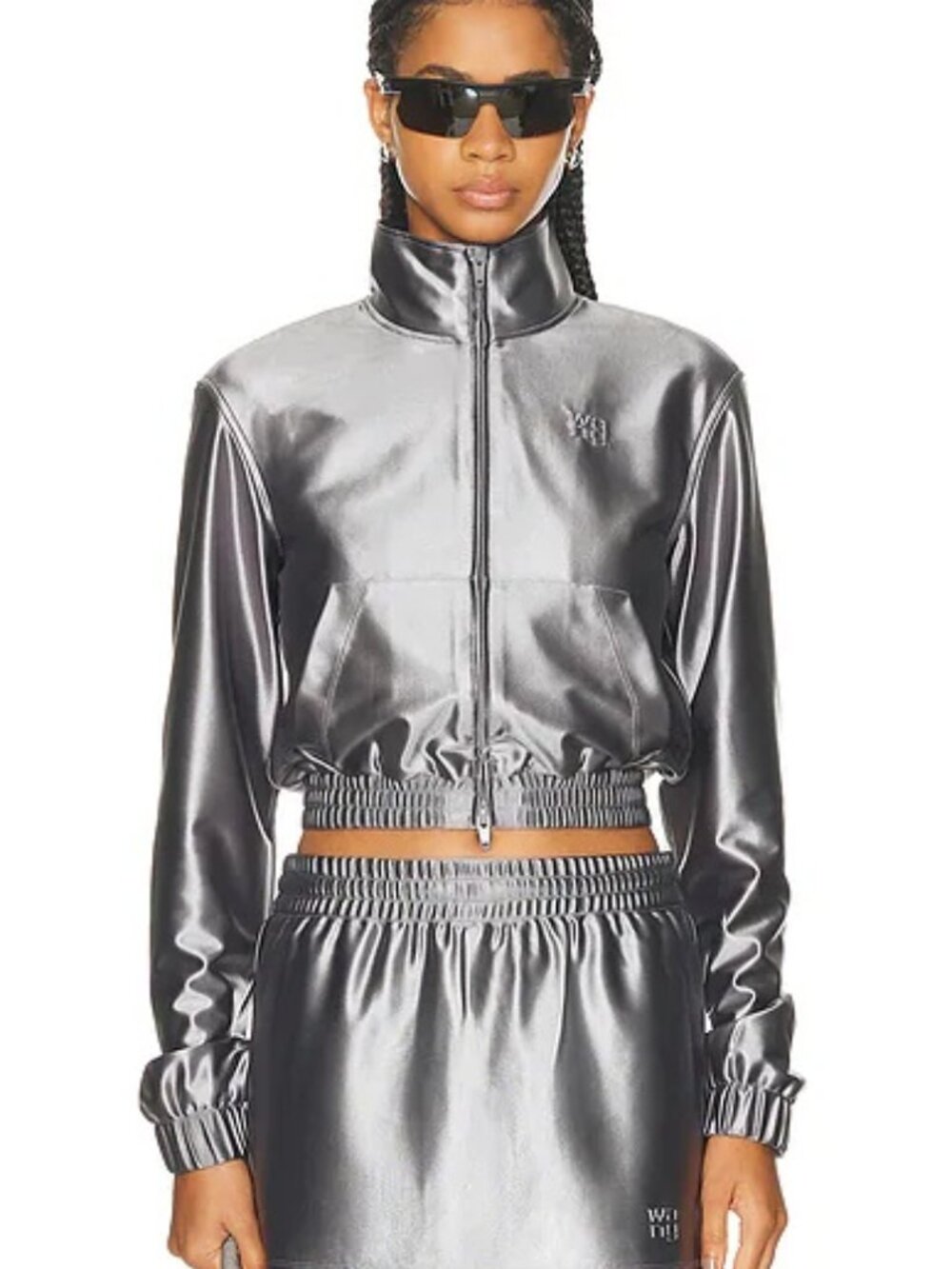 NWT alexanderwang.t Shrunken Metallic Zip-Up Track Jacket - Alloy - XS